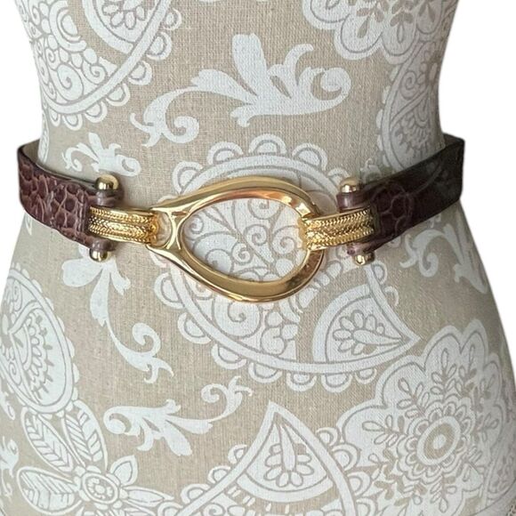 Brown Croc Embossed Leather Belt Gold Buckle Boho Safari Adjustable Size S-L main image 8